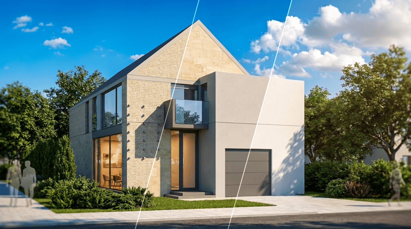 Architectural image variations showing different facade materials generated from a model screenshot